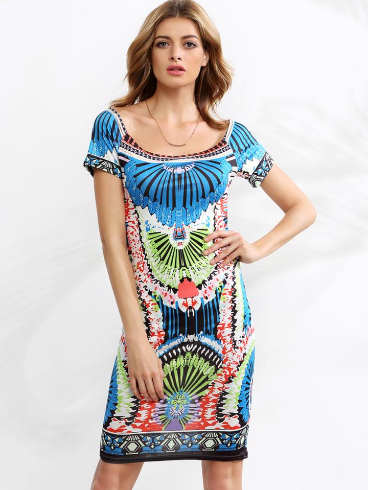 Shein Boat Neck Print Split Back Dress
