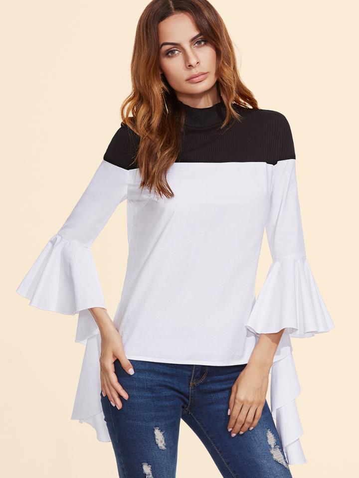 Shein Black And White Mixed Media Ruffle Sleeve Blouse