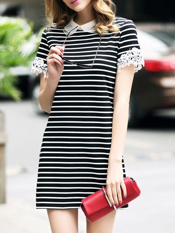 Shein Black White Striped Contrast Crochet Dress
