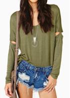 Rosewe Round Neck Army Green Loose T Shirt