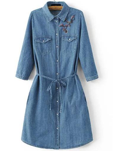Shein Blue Flower Embroidery Self Tie Denim Dress With Pockets