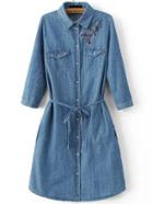 Shein Blue Flower Embroidery Self Tie Denim Dress With Pockets