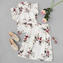 Shein Tie Neck Ruffle Armhole Top And Floral Skirt Set
