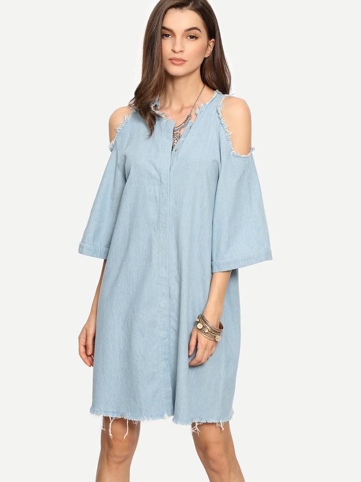 Shein Light Blue Raw Trim Cold Shoulder Shift Dress