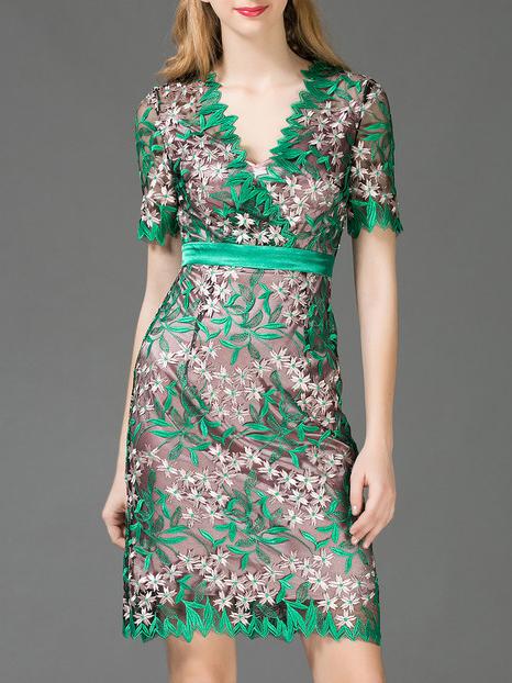 Shein Green V Neck Embroidered Sheath Dress