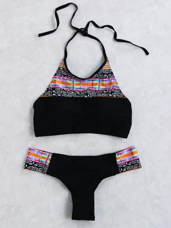Shein Black Printed Halter Bikini Set