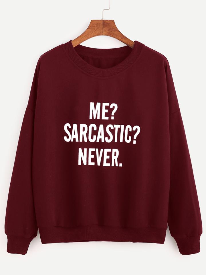 Shein Burgundy Drop Shoulder Letters Print Sweatshirt