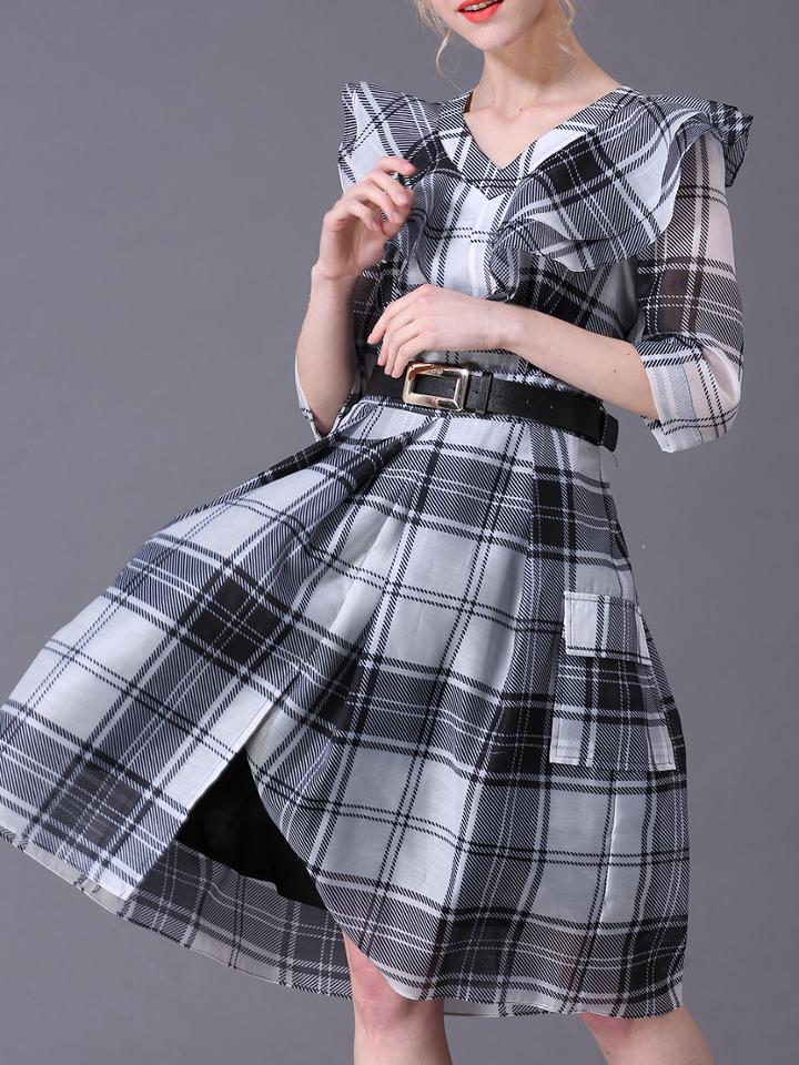 Shein Black V Neck Ruffle Pockets Belted Organza Dress