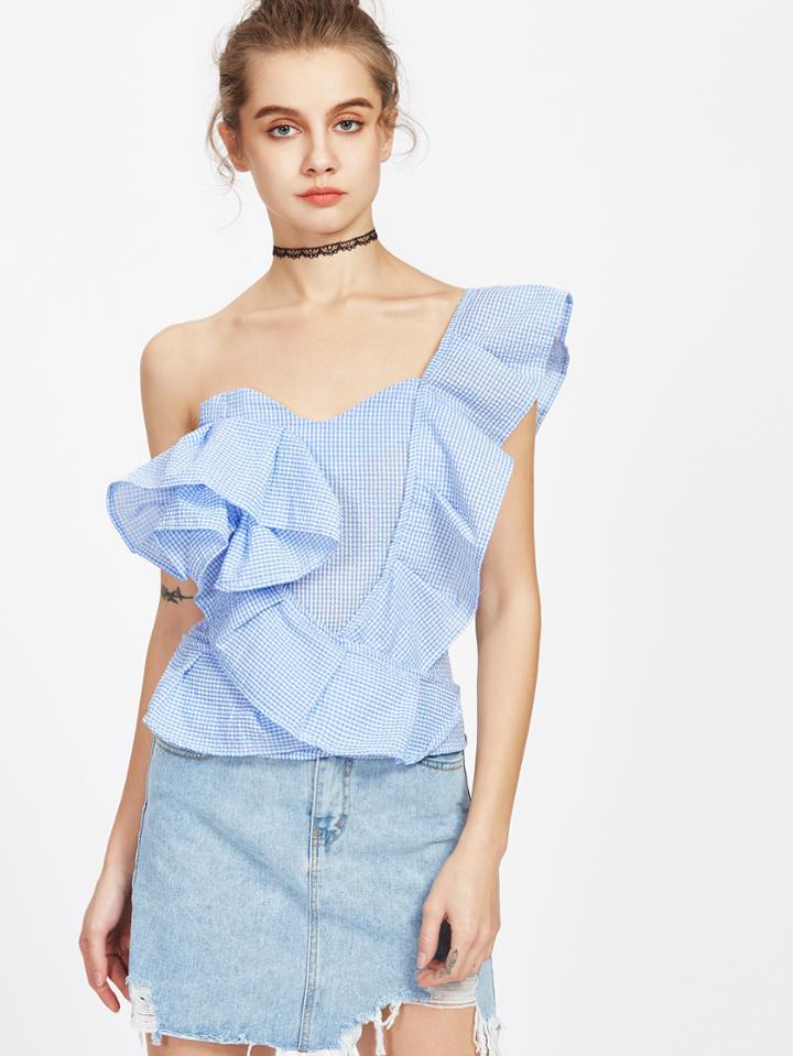 Shein One Shoulder Gingham Ruffle Trim Top