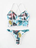 Shein Contrast Piping Zipper Front Criss Cross Bikini Set