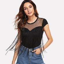 Shein Dot Mesh Contrast Fringe Tee