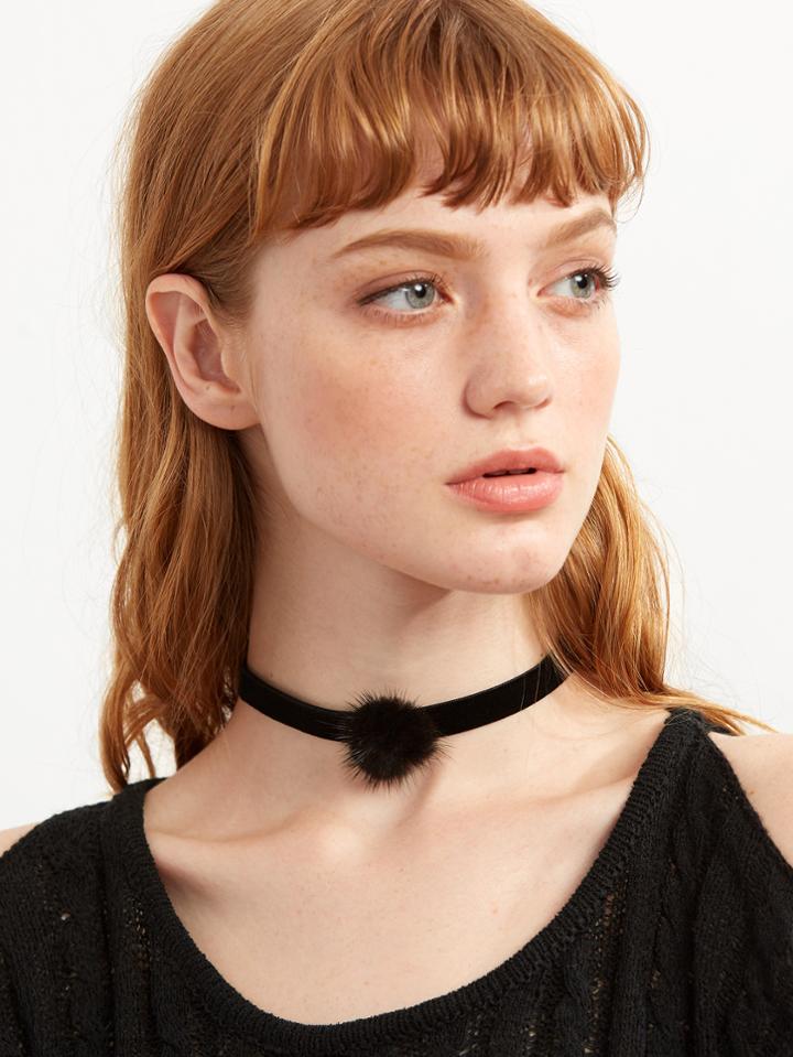 Shein Black Velvet Pom Pom Choker Necklace