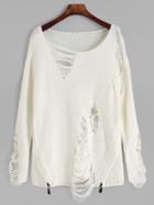 Shein White Distressed Zipper Side Sweater