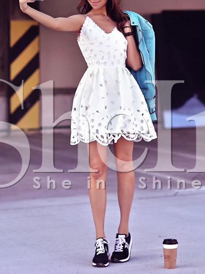 Shein White Spaghetti Strap Ripped Scallop Pouf Dress