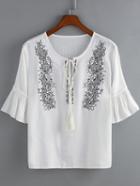 Shein White Bell Sleeve Embroidered Crop Blouse