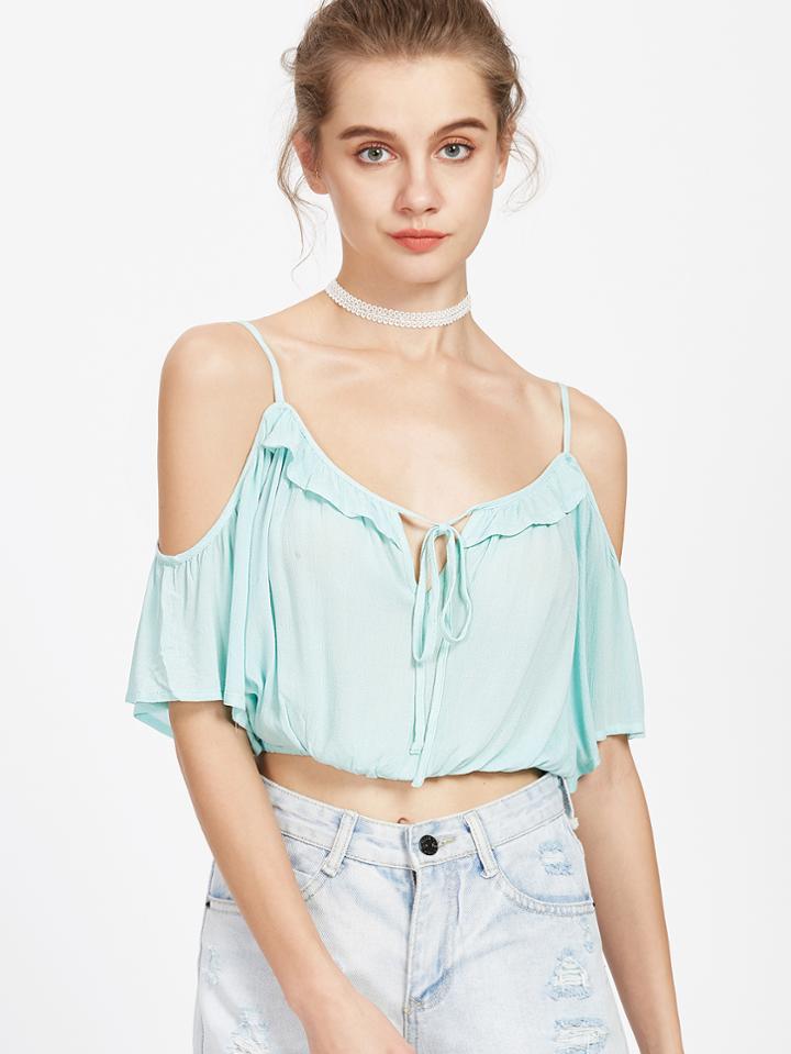 Shein Cold Shoulder Frill Tie Front Elastic Hem Crop Top