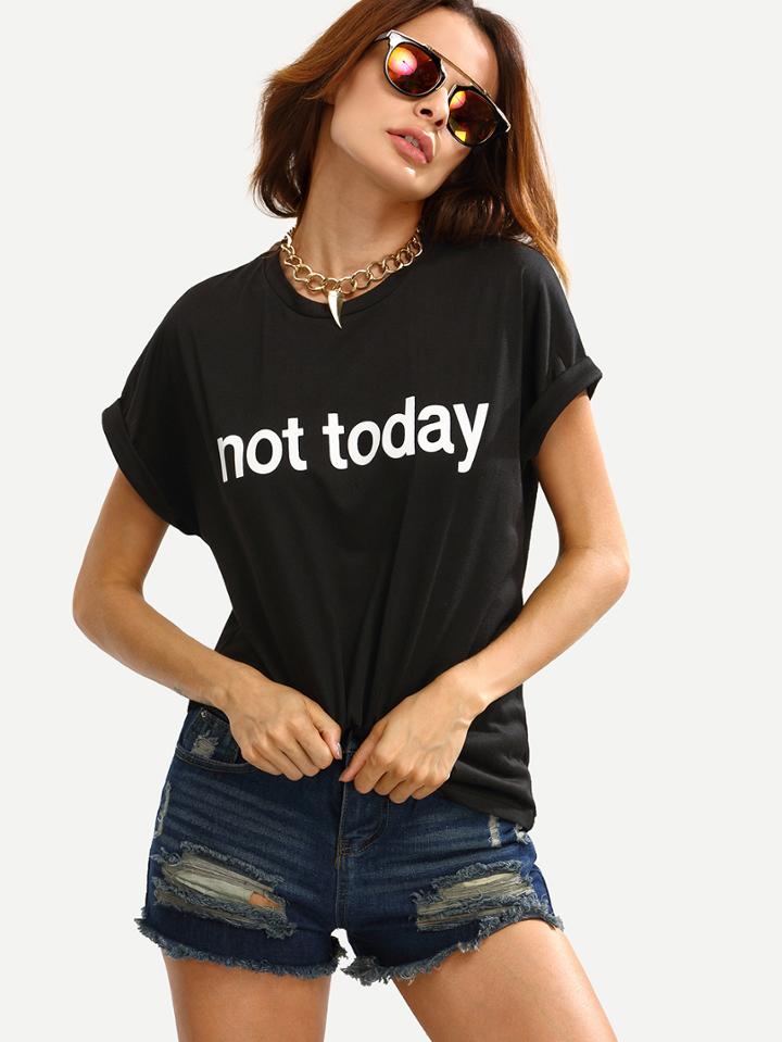 Shein Black Crew Neck Letters Print Cuffed Sleeve T-shirt