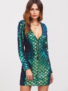 Shein Peacock Green Deep V Neck Sequin Bodycon Dress