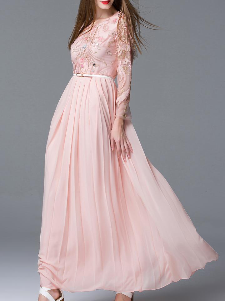 Shein Pink Gauze Embroidered Pleated Belted Maxi Dress