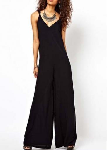 Rosewe Charming V Neck Spaghetti Strap Design Loose Jumpsuits Black