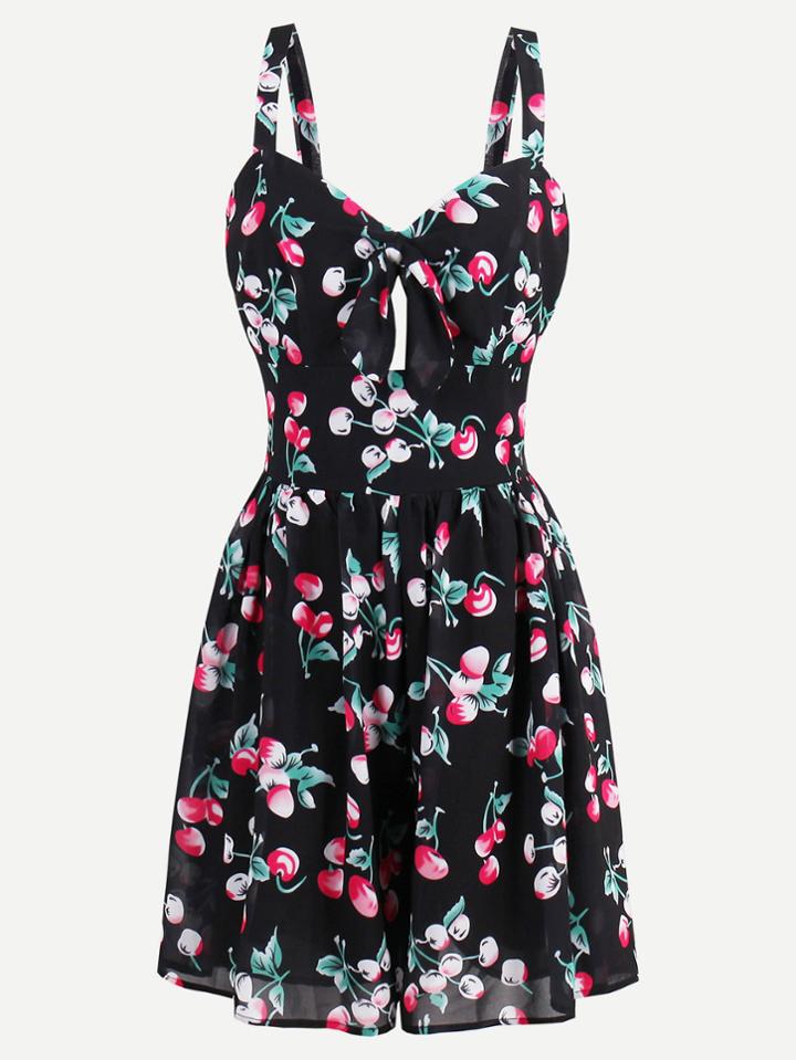 Shein Allover Cherry Print Keyhole Front Swing Dress