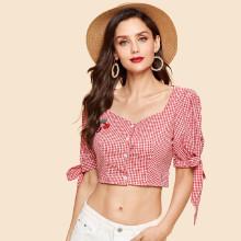 Shein Knot Cuff Button Up Plaid Blouse