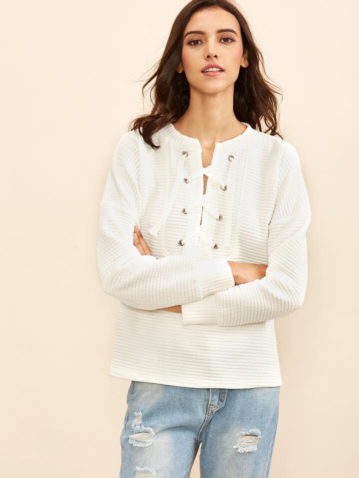Shein White Eyelet Lace Up Striped Embossed Sweatshirt