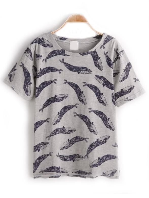 Shein Grey Crew Neck Shark Print T-shirt