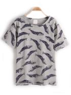 Shein Grey Crew Neck Shark Print T-shirt