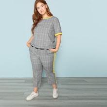 Shein Plus Contrast Binding Plaid Top & Pants Set
