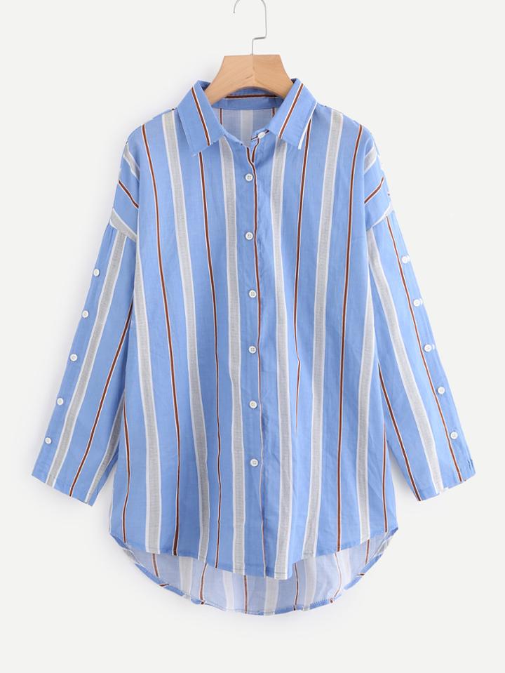 Shein Drop Shoulder Buttoned Sleeve Dolphin Hem Shirt
