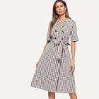 Shein Notch Collar Double Breasted Placket Wrap Plaid Dress