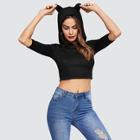 Shein Solid Crop Hoodie With Ear
