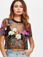 Shein Flower Embroidered Mesh Top