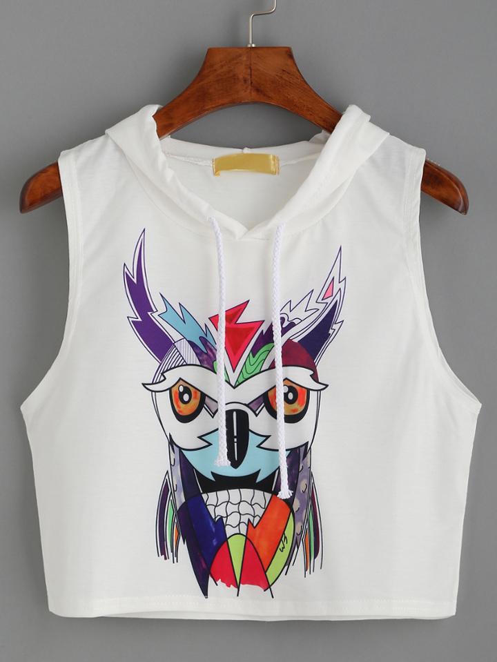 Shein White Owl Print Crop Hooded Top