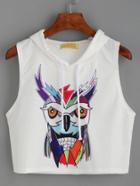 Shein White Owl Print Crop Hooded Top