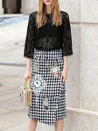 Shein Black Lace Top With Embroidered Houndstooth Skirt