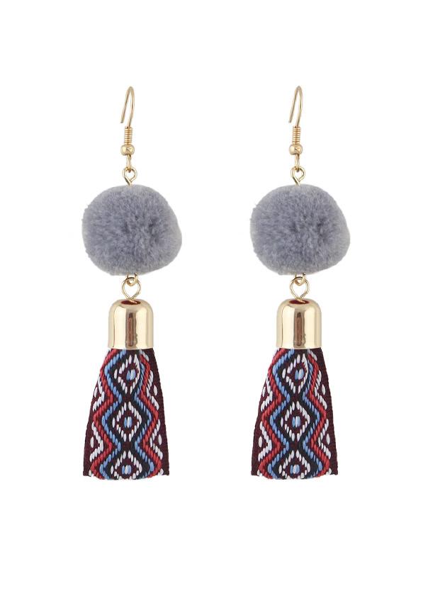 Shein Gray Ethnic Fur Ball Embroidery Earrings