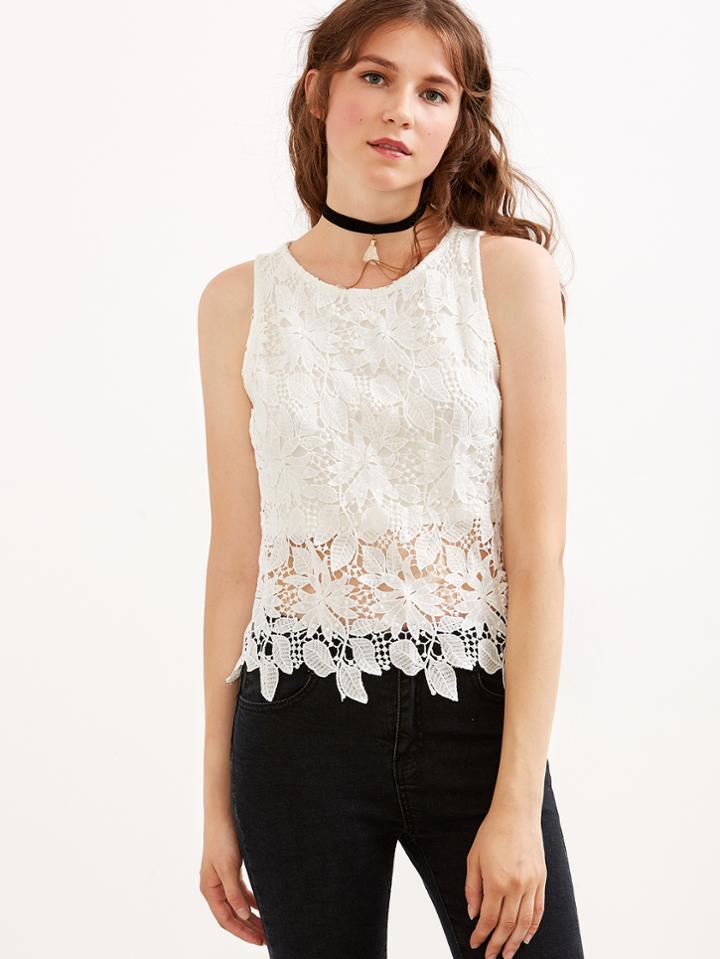 Shein White Embroidered Lace Tank Top