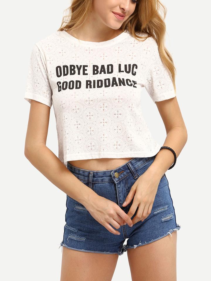 Shein Letter Print Embroidered Eyelet T-shirt