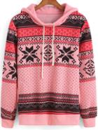 Shein Pink Hooded Tribal Patterned Snowflake Print Sweatshirt