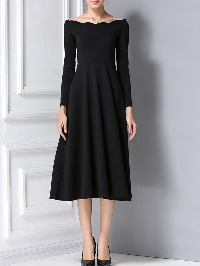 Shein Black Boat Neck Long Sleeve A Line Dress