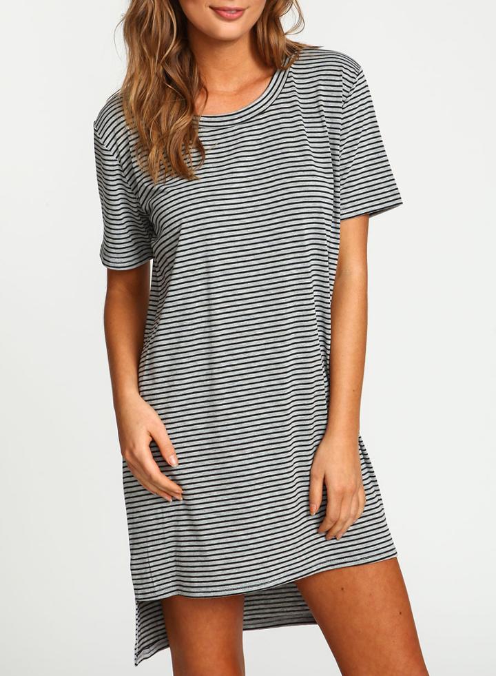 Shein Grey Short Sleeve Striped High Low Dress