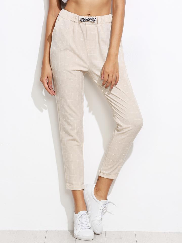 Shein Apricot Grid Print Drawstring Waist Pants