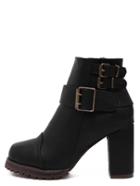 Shein Black Buckle Strap Chunky Heels Boots