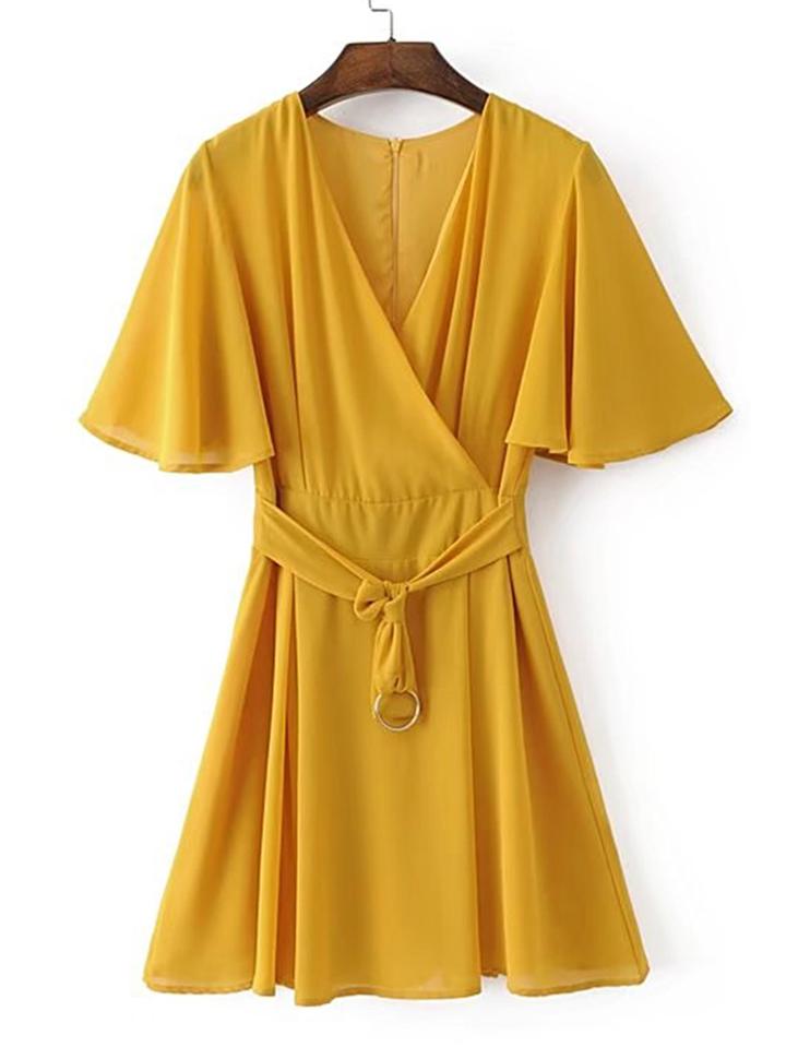 Shein Surplice Front Tie Waist Chiffon Dress With Ring Detail