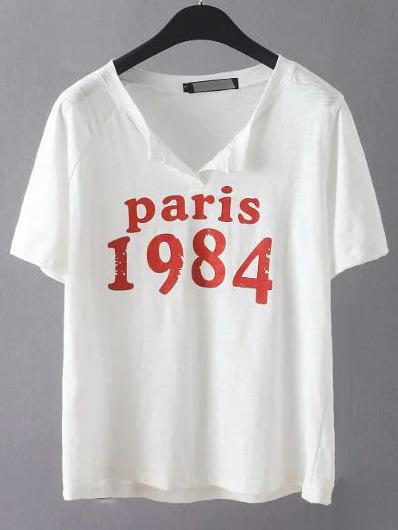 Shein White Collarless Letter Casual T-shirt