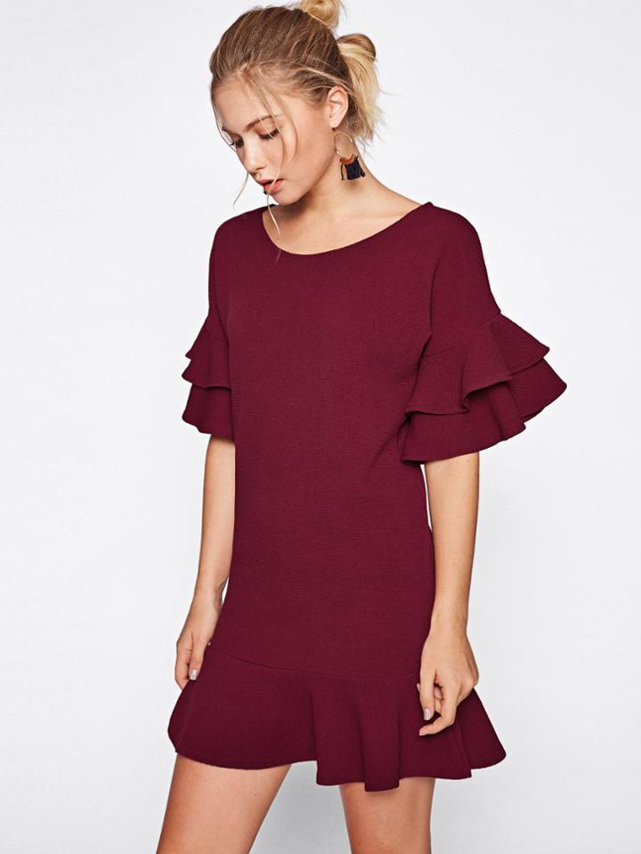 Shein Tiered Flute Sleeve Frill Hem Textured Dress