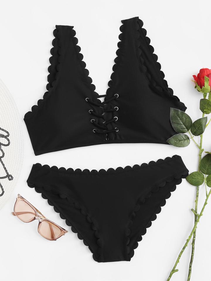 Shein Lace Up Front Scallop Trim Bikini Set