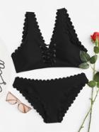 Shein Lace Up Front Scallop Trim Bikini Set
